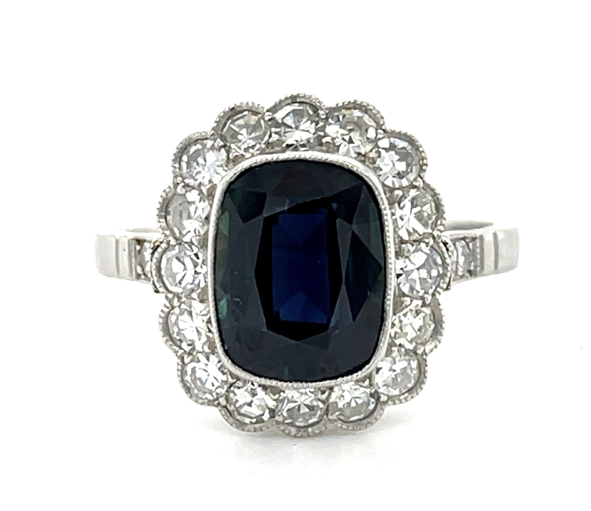 4.50ct Sapphire PT+18KY Handmade Ring 1.80ct Old European Diamond