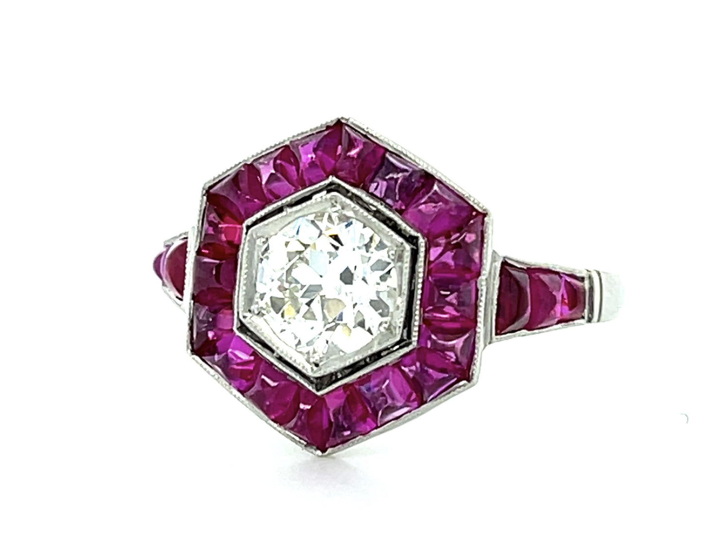 .77ct (H-I VS) Old European Diamond Platinum Handmade Ring 1.80ct Cabochon Ruby