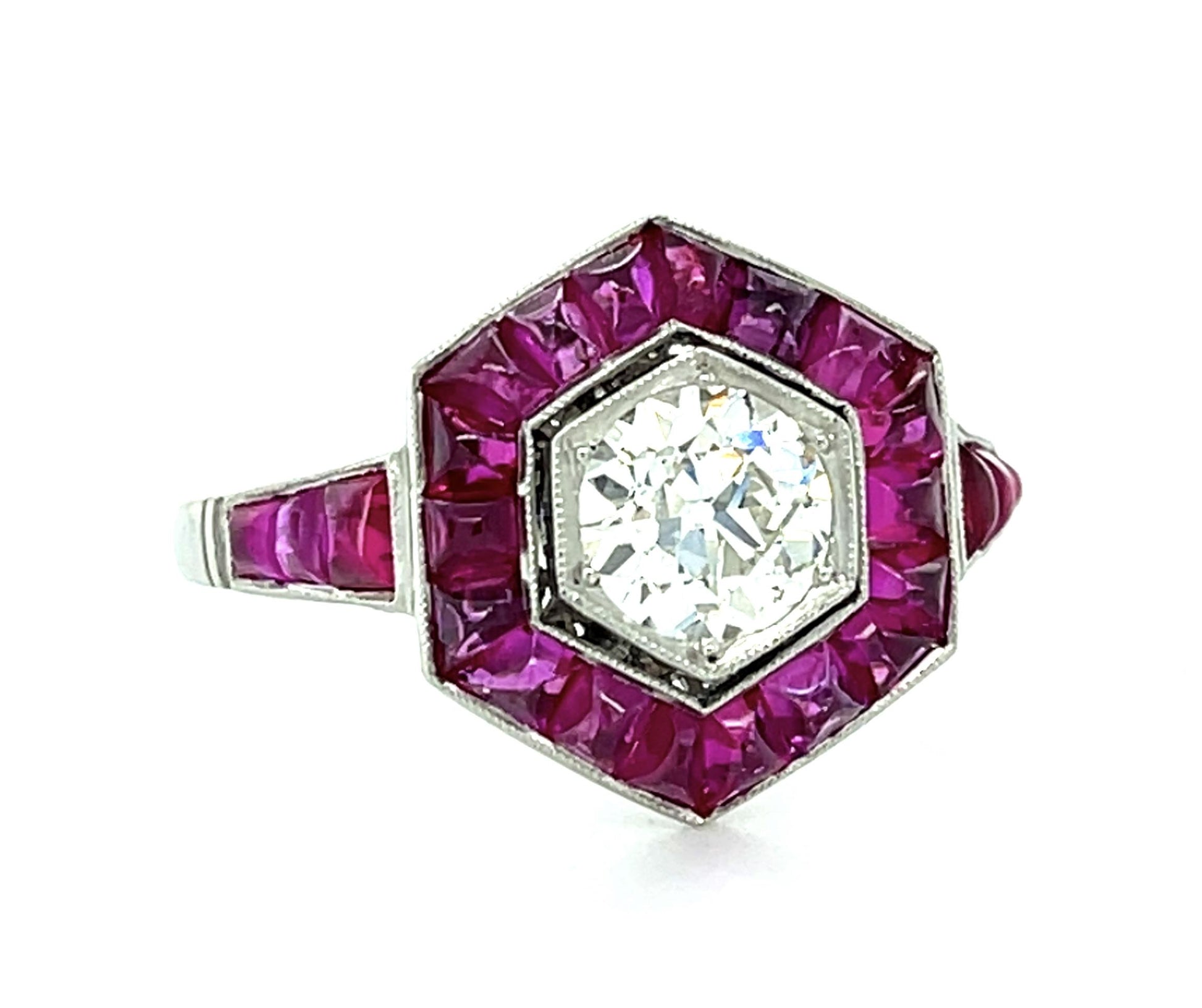 .77ct (H-I VS) Old European Diamond Platinum Handmade Ring 1.80ct Cabochon Ruby