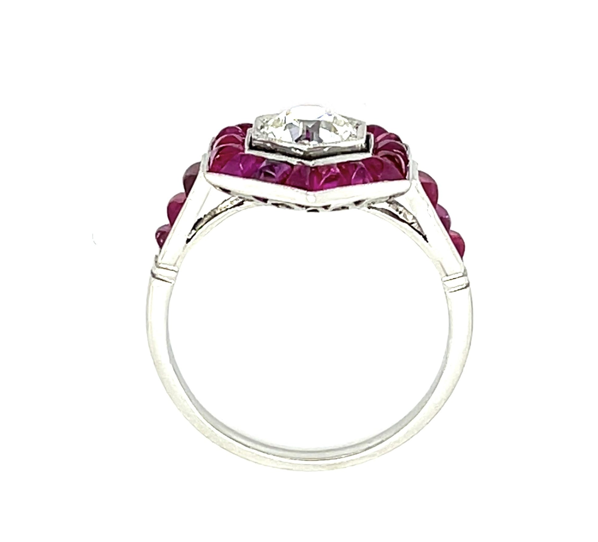 .77ct (H-I VS) Old European Diamond Platinum Handmade Ring 1.80ct Cabochon Ruby
