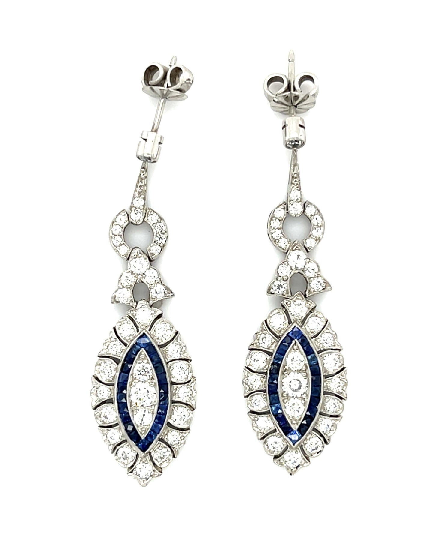 2.18ct Diamond 1.08ct Sapphire Platinum Handmade Drop Earrings