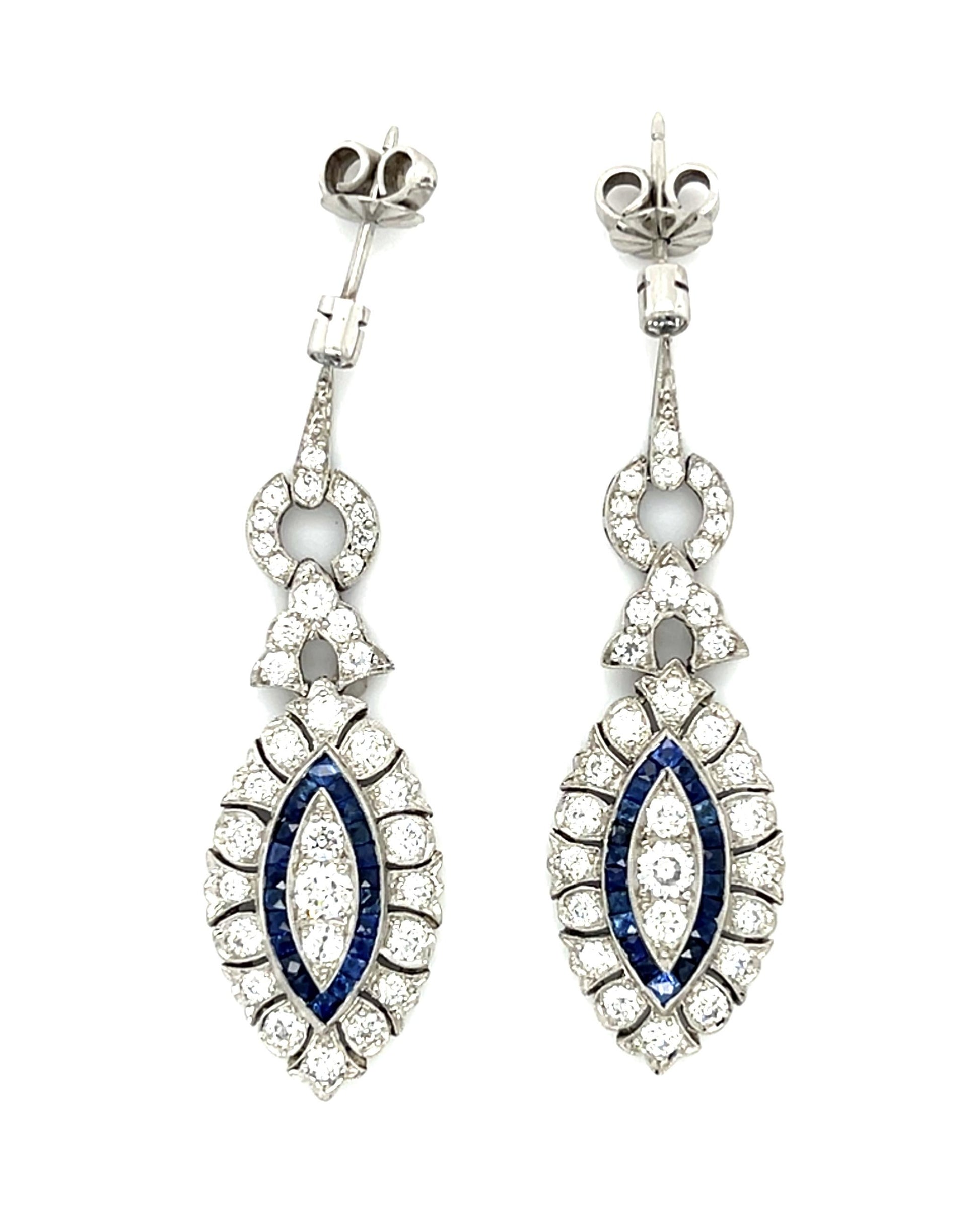 2.18ct Diamond 1.08ct Sapphire Platinum Handmade Drop Earrings