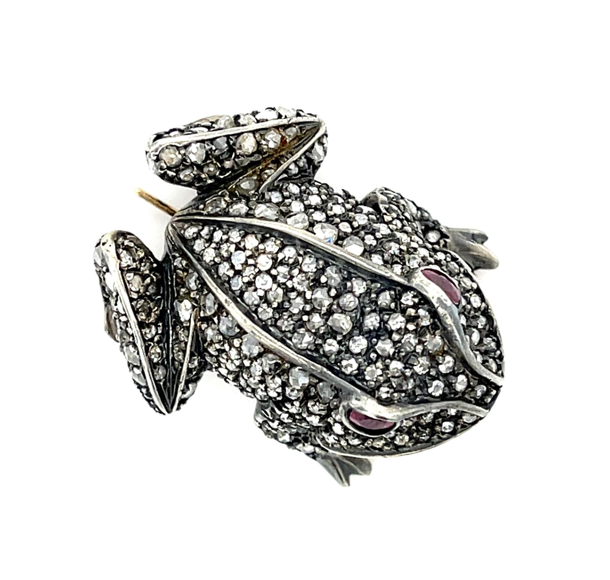 2.20ct Rose-cut Diamond .43ct Ruby Silver+14KY Frog Brooch 16.93g