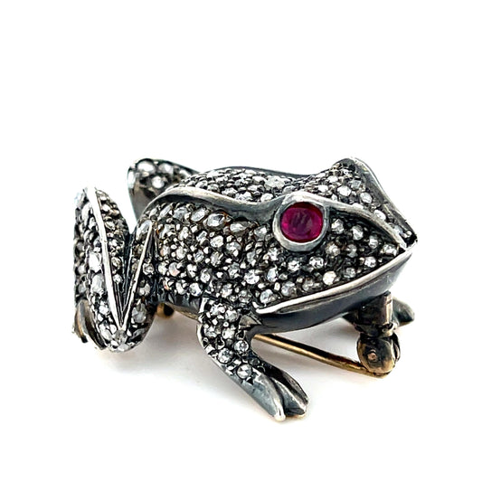 2.20ct Rose-cut Diamond .43ct Ruby Silver+14KY Frog Brooch 16.93g