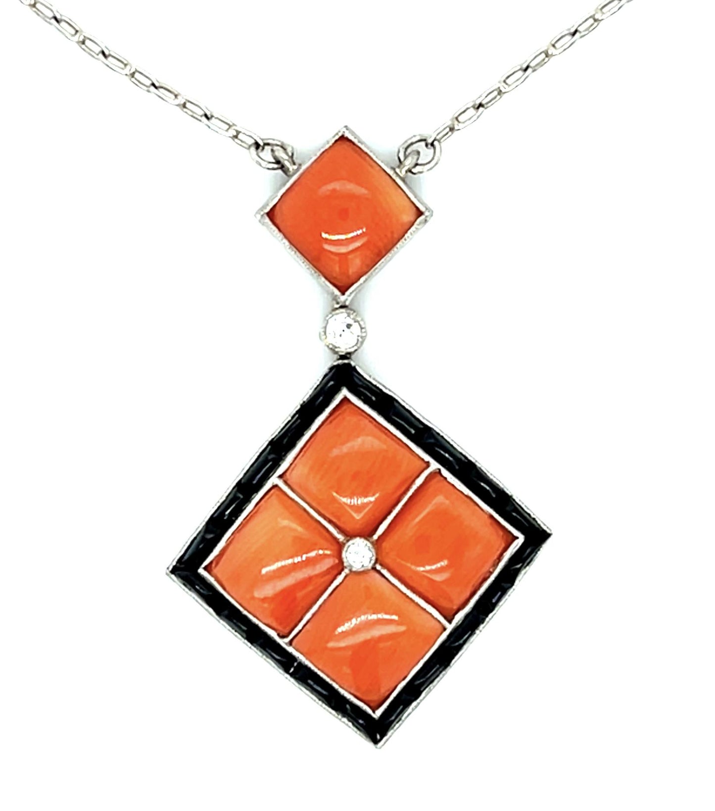 3.50ct Coral + Onyx + .04ct Diamond Platinum Pendant 17"