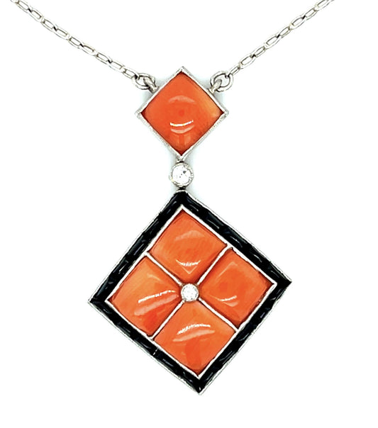 3.50ct Coral + Onyx + .04ct Diamond Platinum Pendant 17"