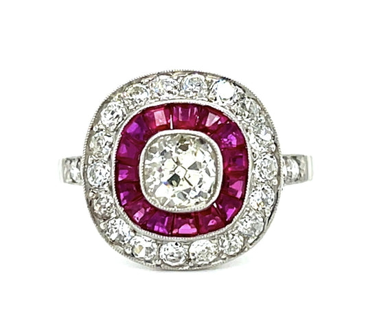 .72ct (J SI) Old Mine Diamond Platinum Handmade Ring 1ct Ruby