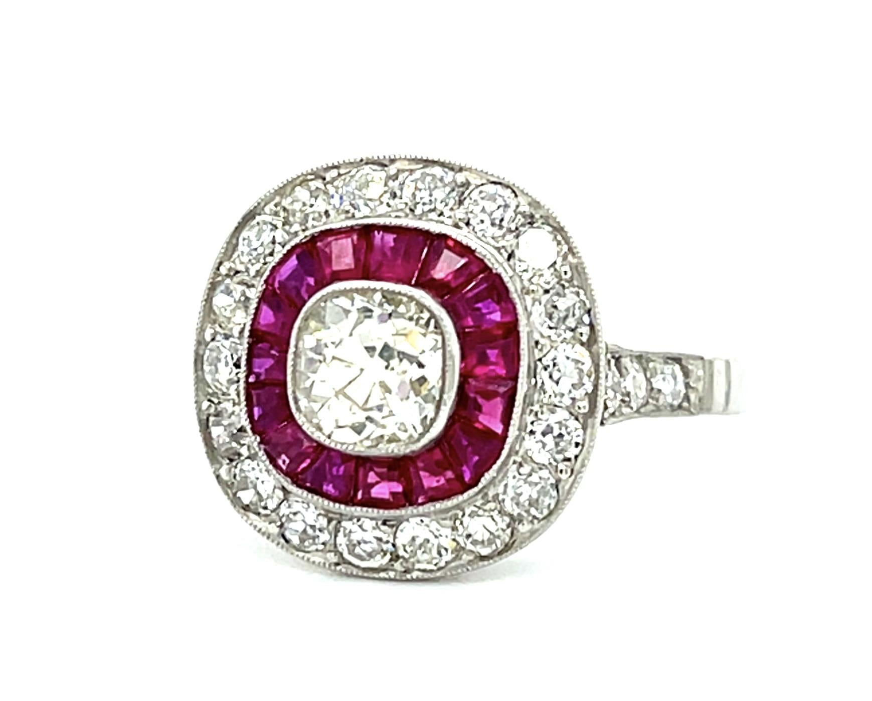.72ct (J SI) Old Mine Diamond Platinum Handmade Ring 1ct Ruby