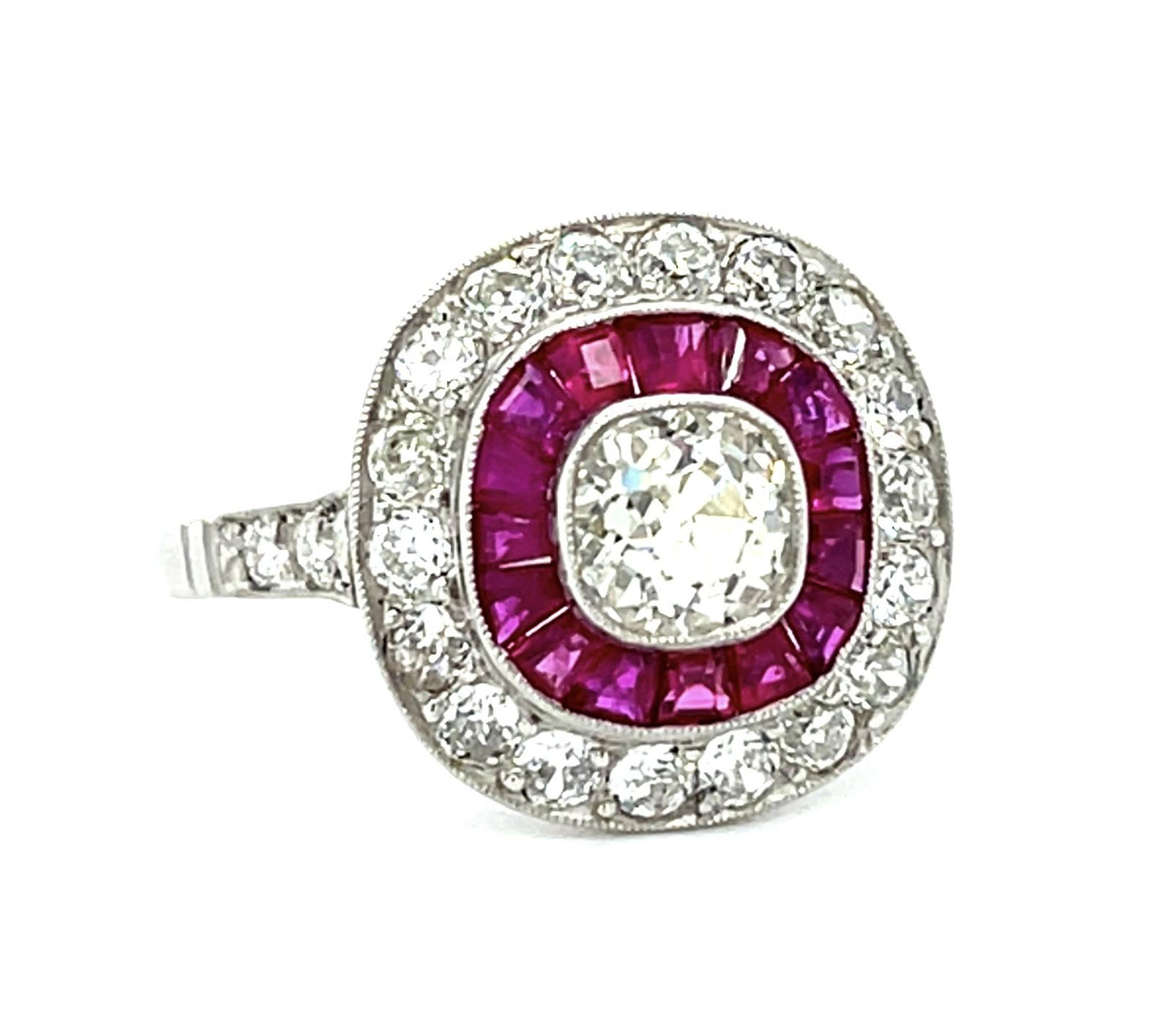 .72ct (J SI) Old Mine Diamond Platinum Handmade Ring 1ct Ruby