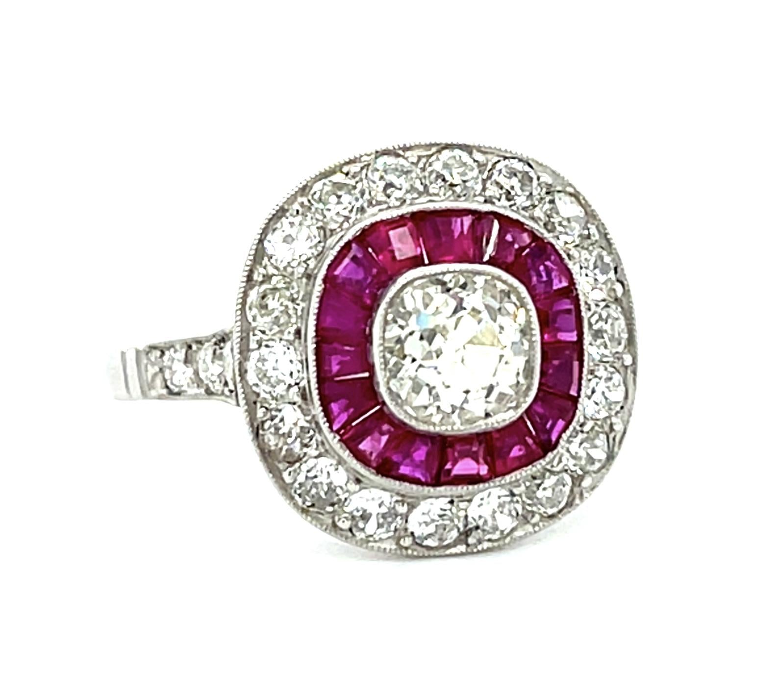 .72ct (J SI) Old Mine Diamond Platinum Handmade Ring 1ct Ruby