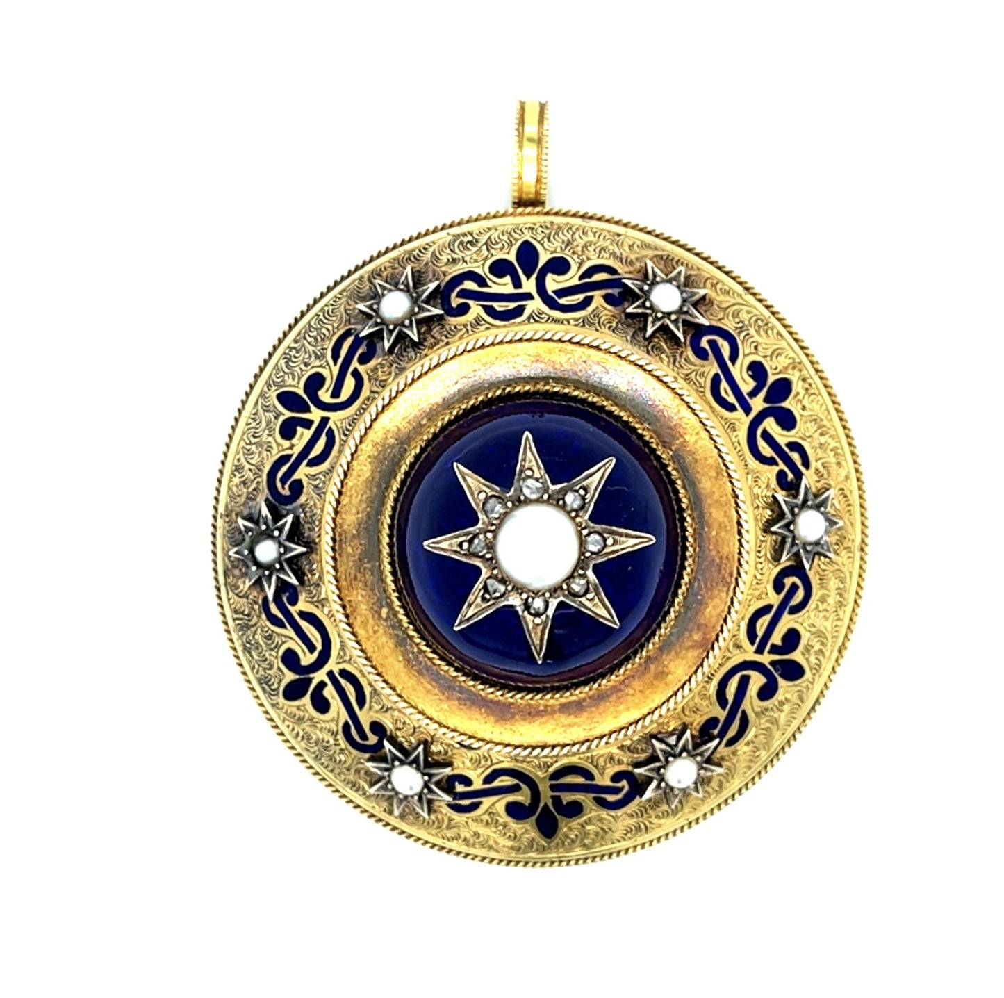 Original Victorian Pearl+Enamel+Diamond 18KY Hair Locket Starburst Pendant