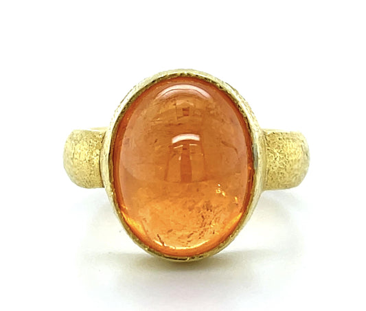 14ct Cabochon Spessartite Garnet 22KY Hammered Gold Ancient Revival Brushed Ring