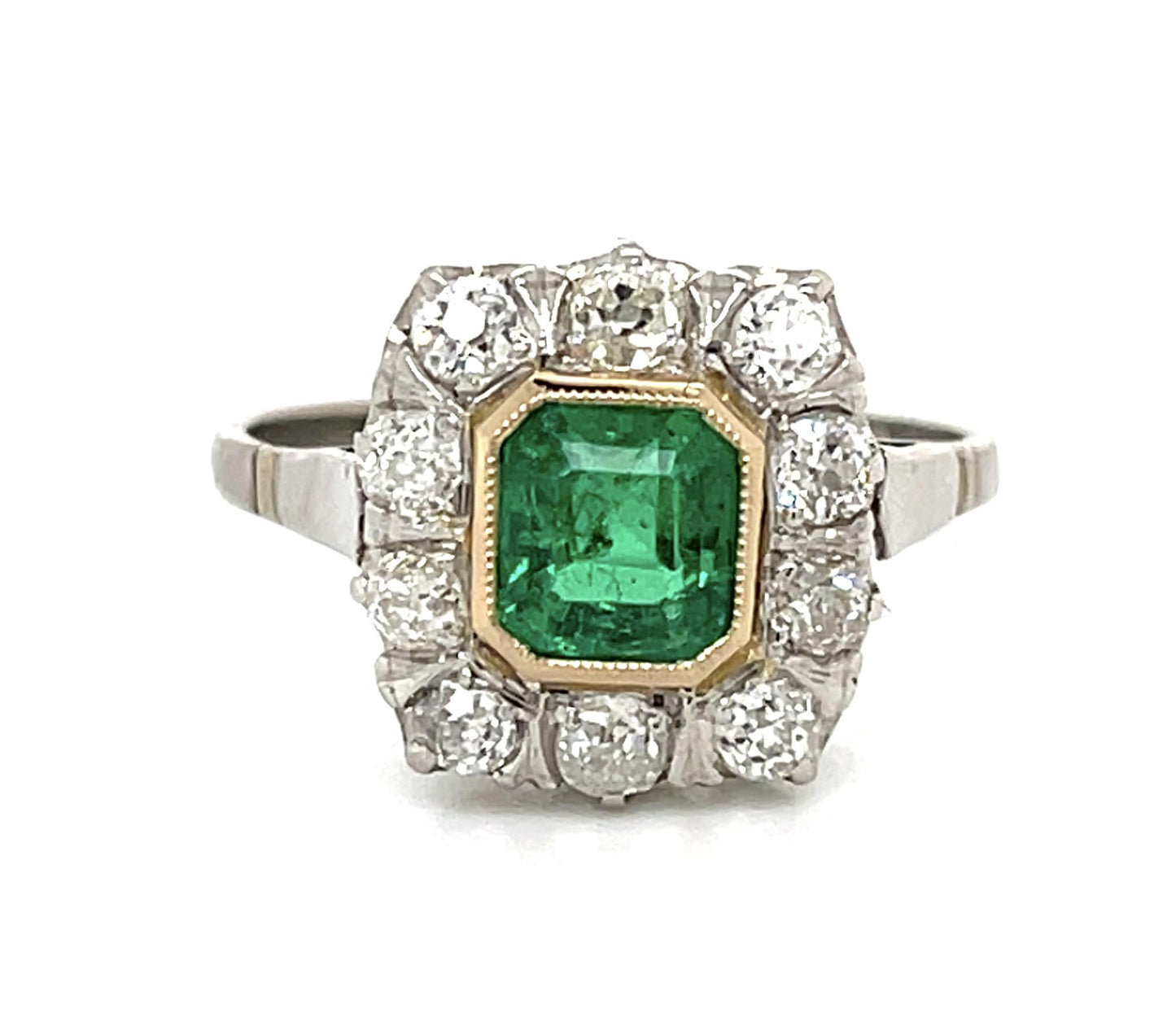 Original 1ct Emerald PT+18KY Ring (Vintage 1930s) .90ct Old Mine Diamond