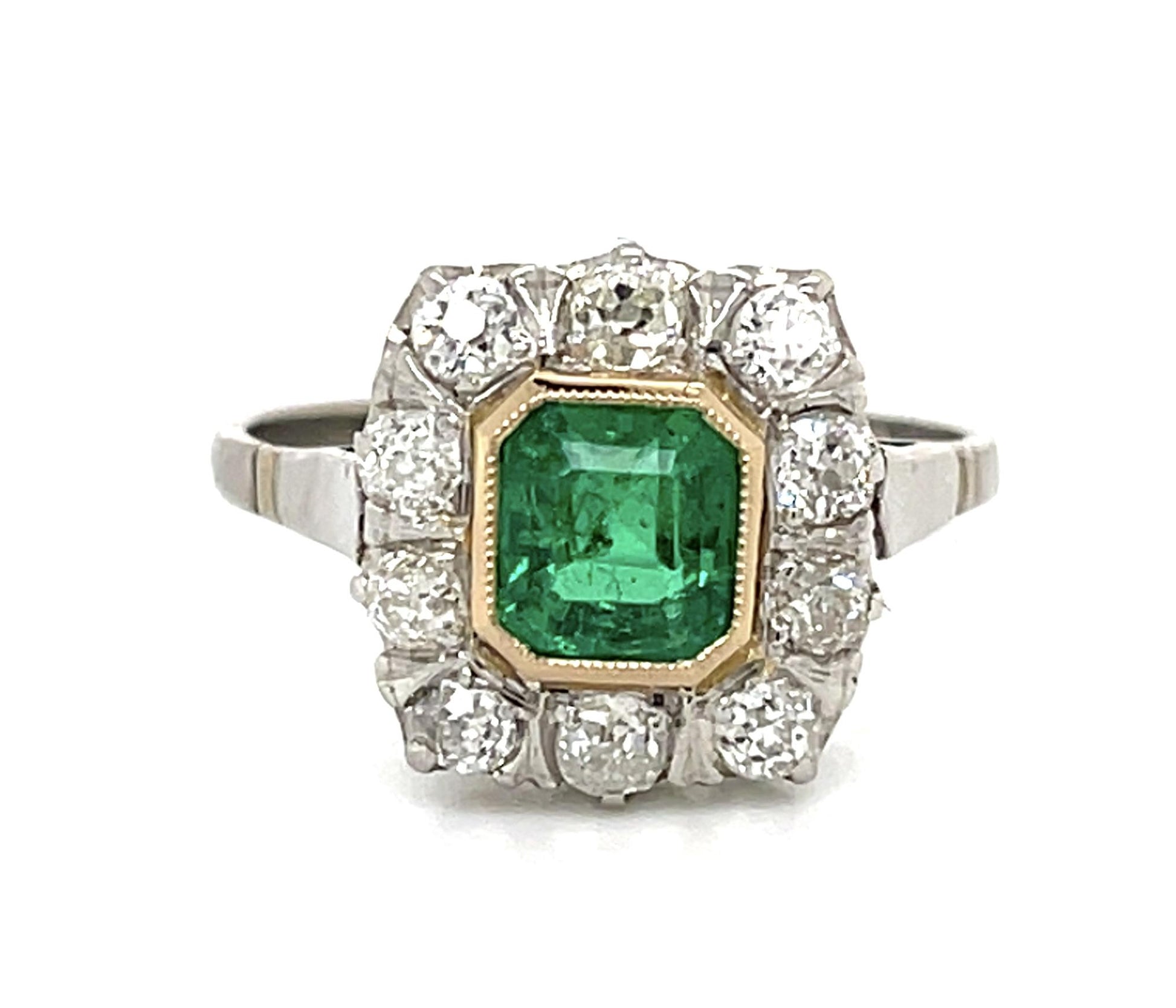 Original 1ct Emerald PT+18KY Ring (Vintage 1930s) .90ct Old Mine Diamond