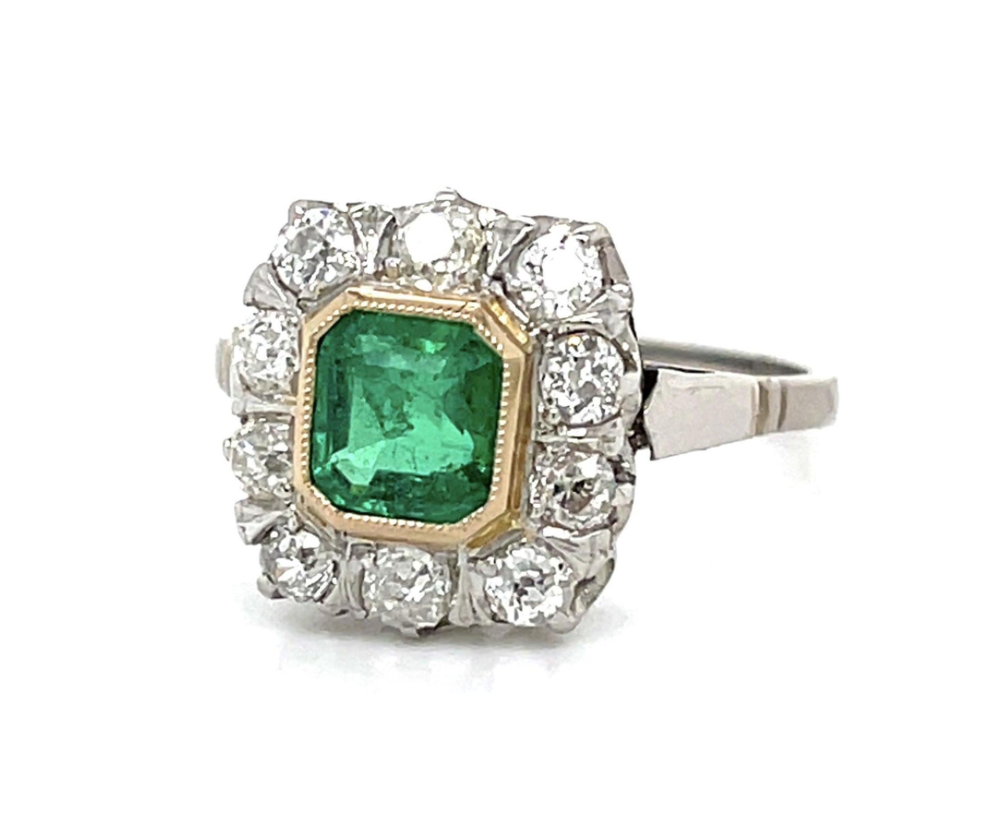 Original 1ct Emerald PT+18KY Ring (Vintage 1930s) .90ct Old Mine Diamond