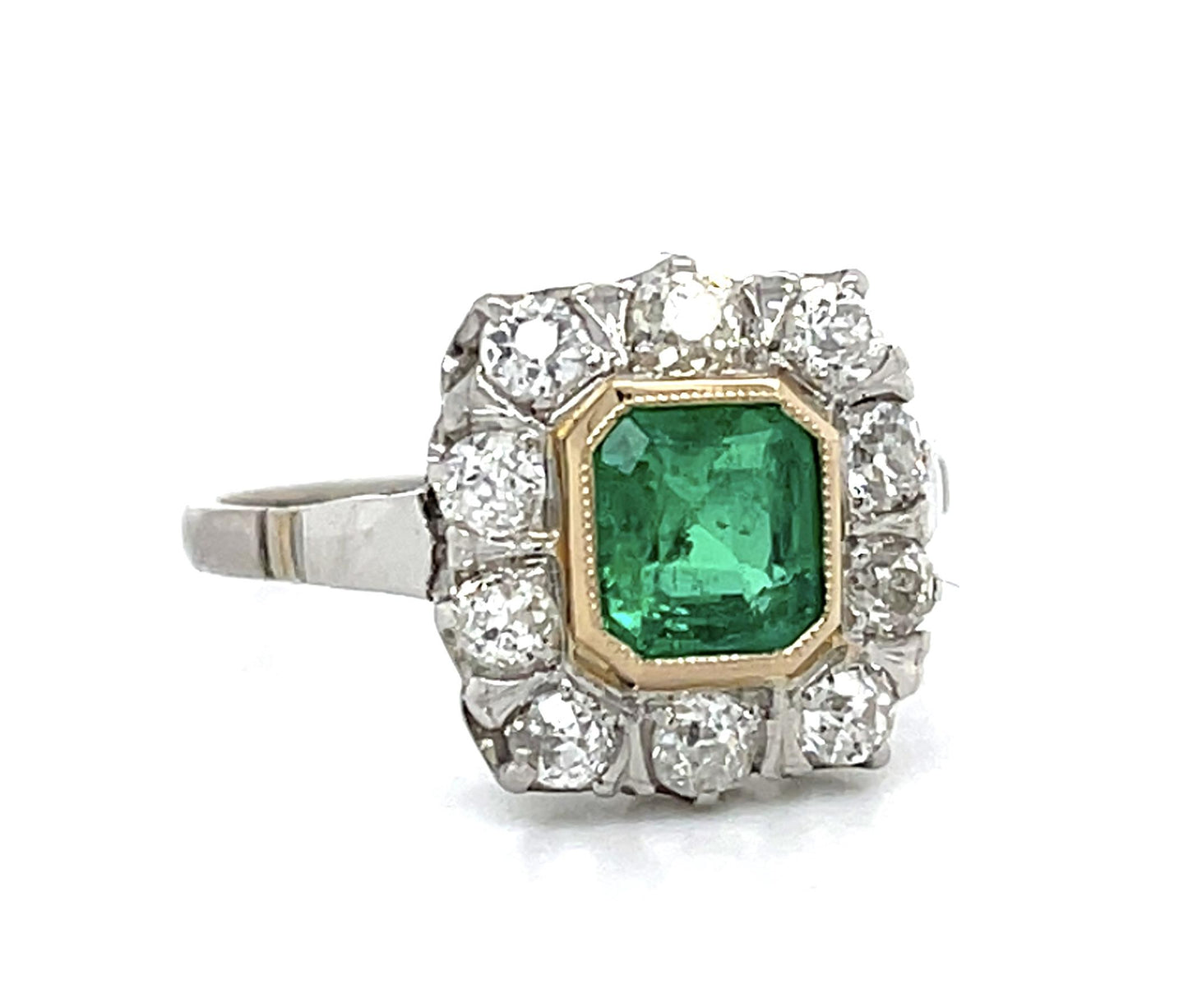 Original 1ct Emerald PT+18KY Ring (Vintage 1930s) .90ct Old Mine Diamond