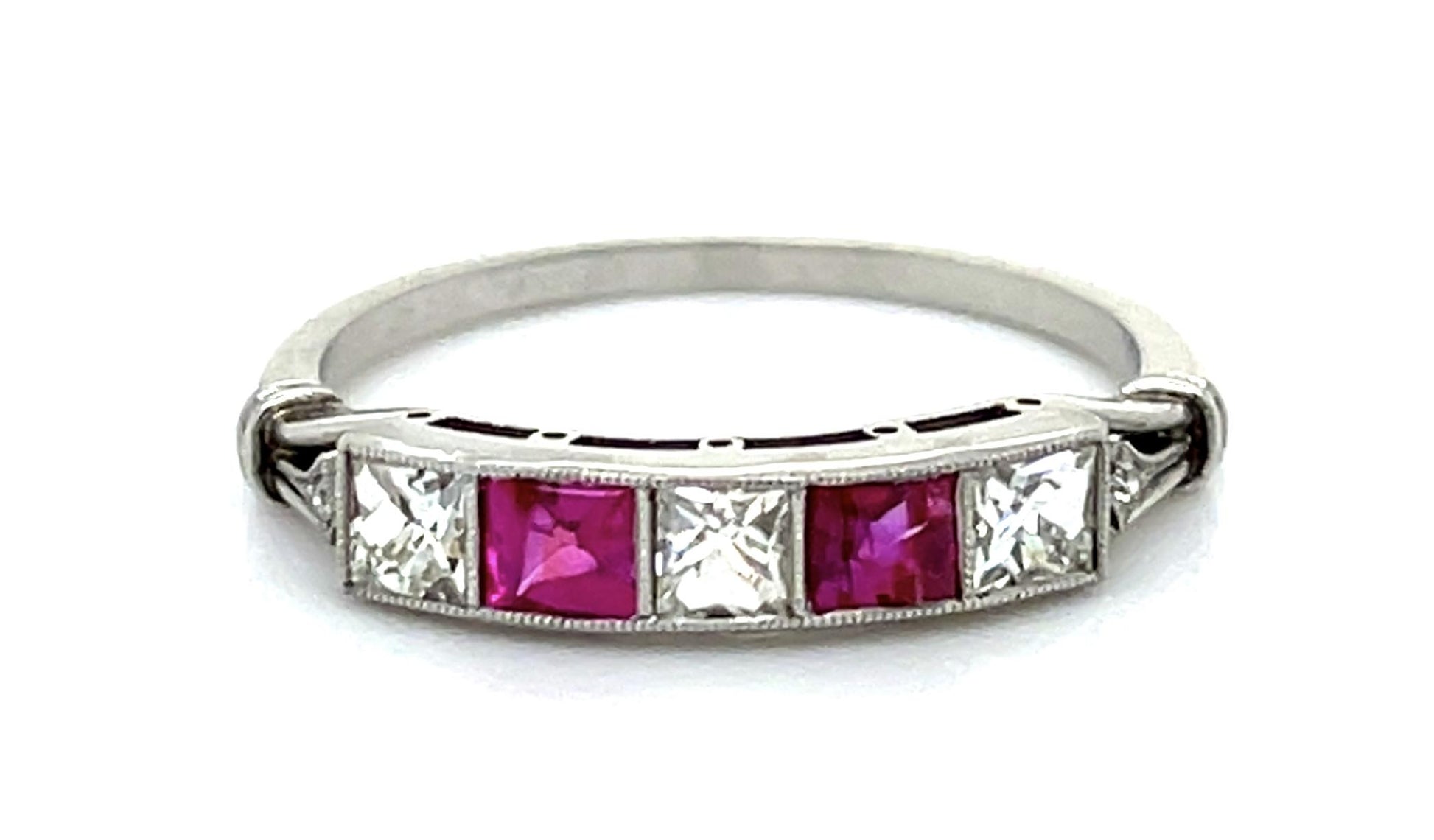.45ct Princess Diamond .38ct Cabochon Ruby PT Handmade Ring