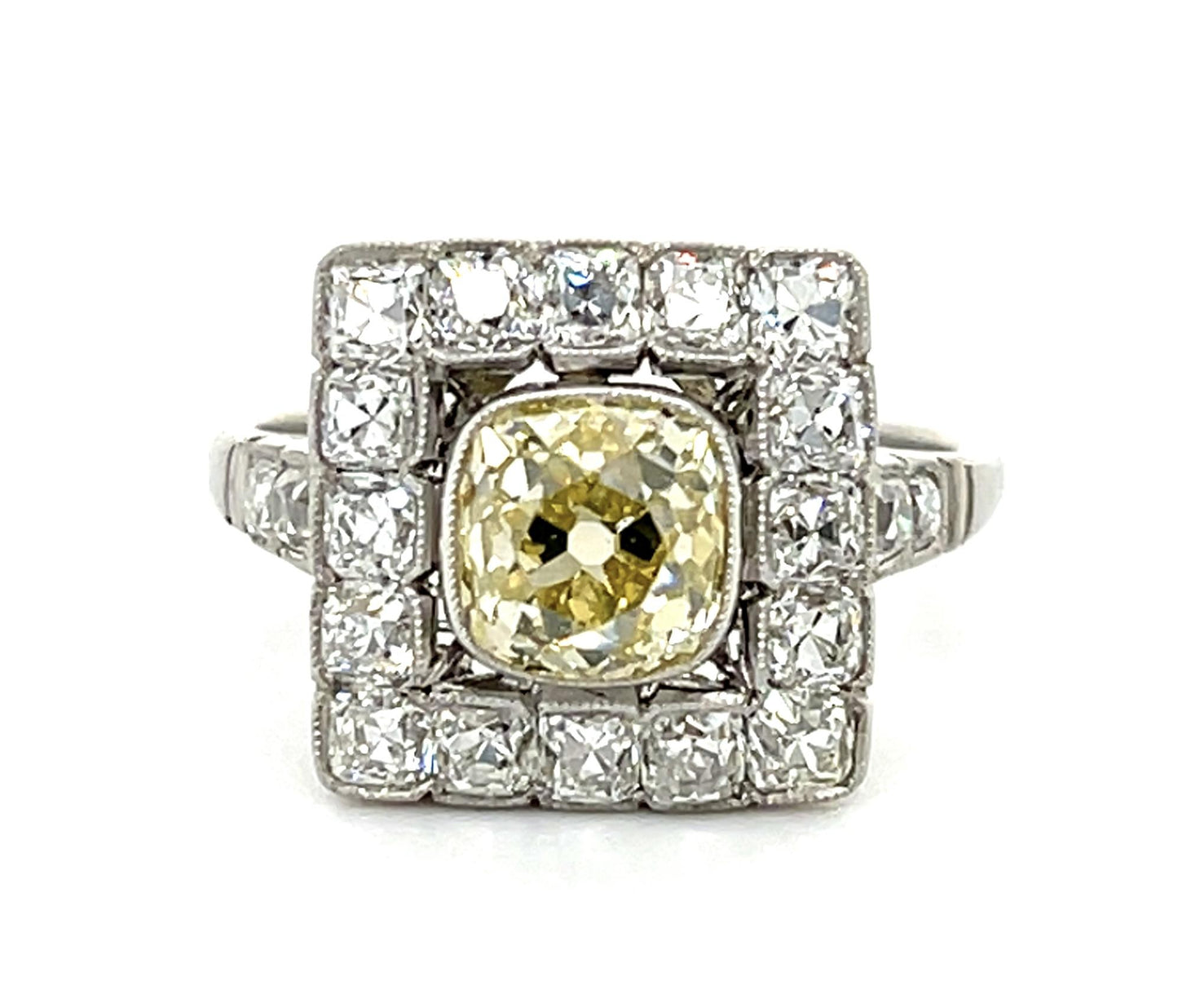1.43ct Fancy Yellow Old Mine Diamond Platinum Ring