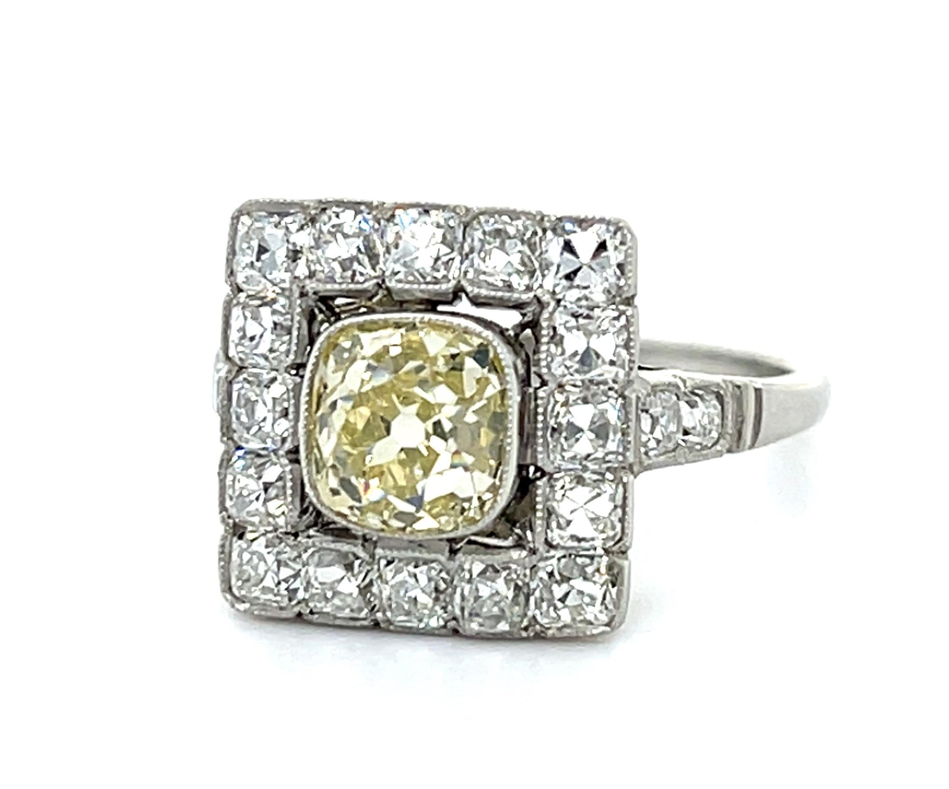 1.43ct Fancy Yellow Old Mine Diamond Platinum Ring