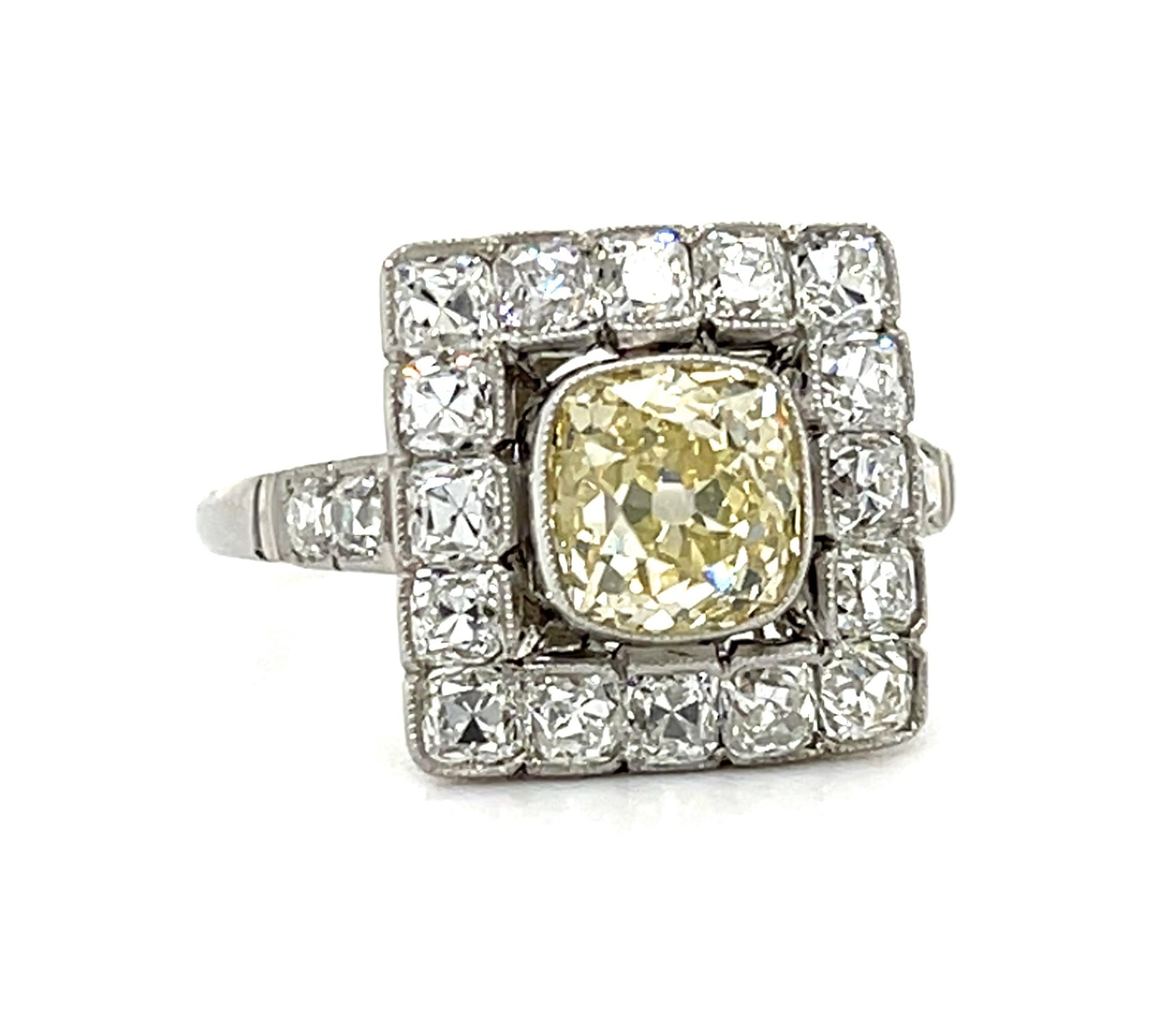 1.43ct Fancy Yellow Old Mine Diamond Platinum Ring