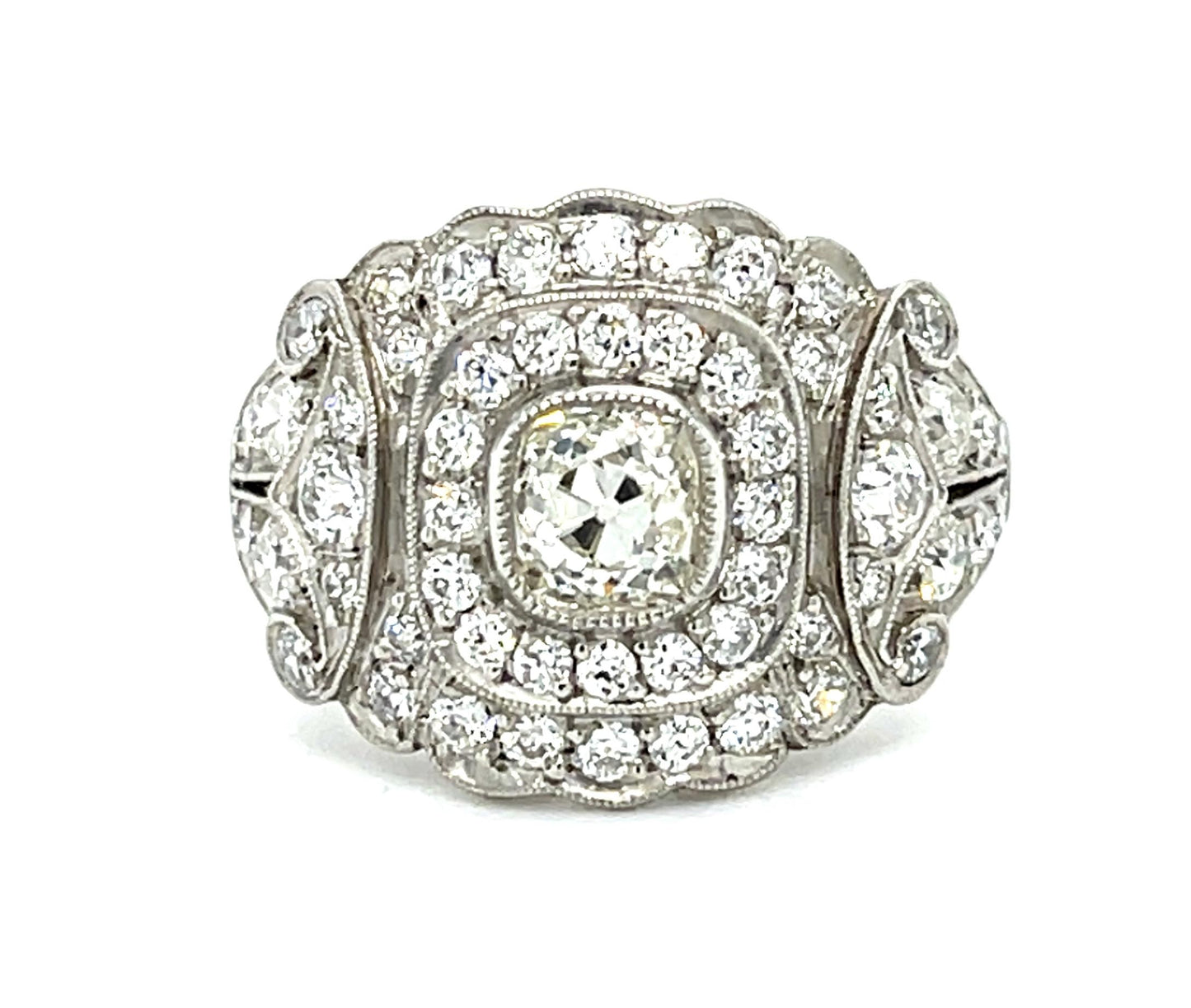 .70ct Old Mine Diamond Platinum Ring 1.20ct Euro Side Dia