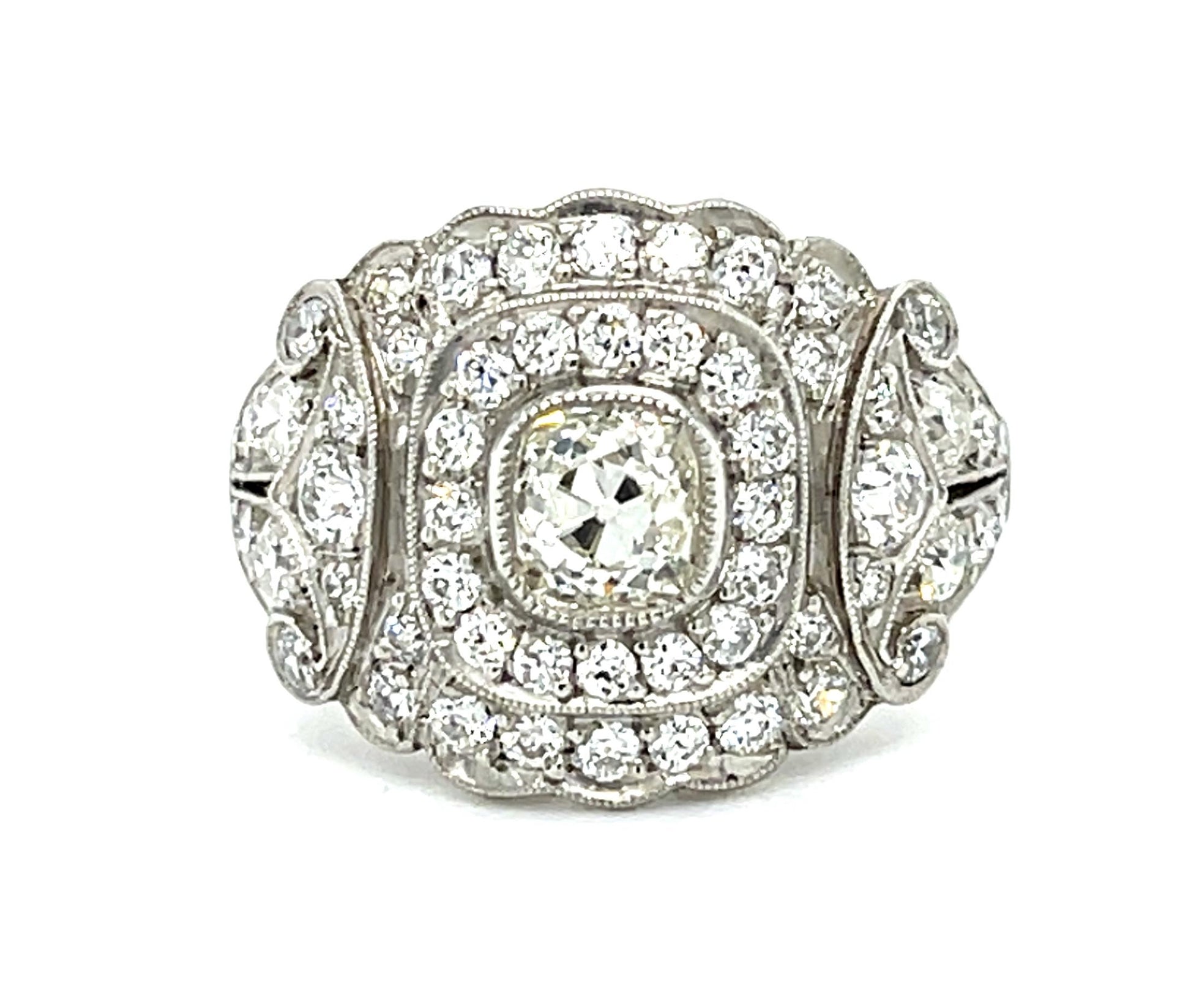 .70ct Old Mine Diamond Platinum Ring 1.20ct Euro Side Dia