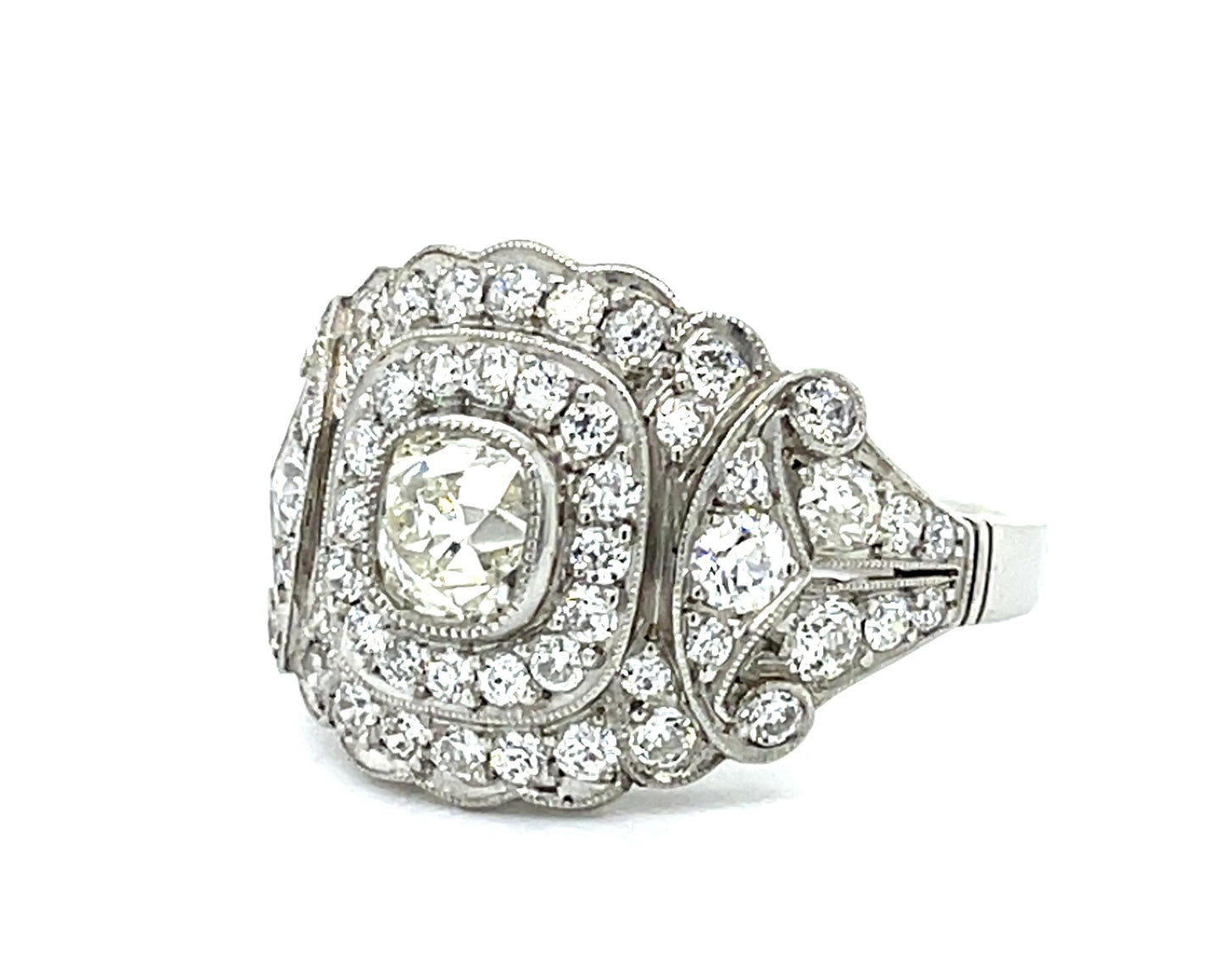 .70ct Old Mine Diamond Platinum Ring 1.20ct Euro Side Dia