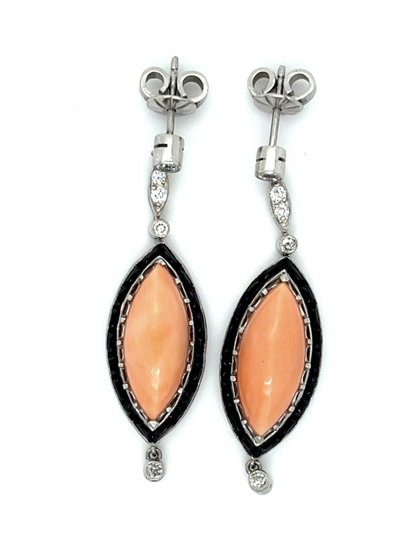 12ct Coral .45ct Diamond + Onyx Platinum Handmade Drop Earrings 11.90g