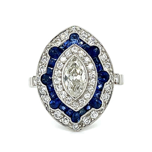 .50ct Marquise Diamond 2.60ct French-cut Sapphire Platinum Handmade Ring