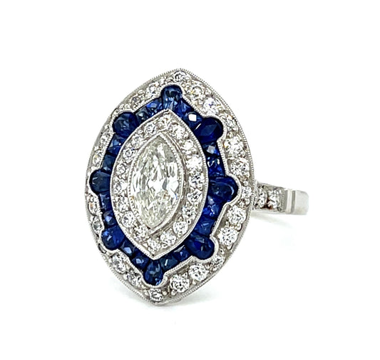 .50ct Marquise Diamond 2.60ct French-cut Sapphire Platinum Handmade Ring