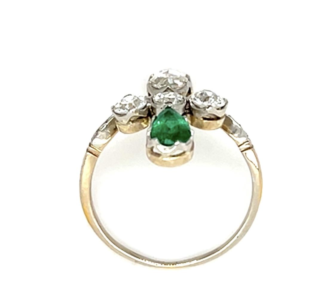 .36ct (H VS) Rose-cut Diamond .32ct Pear Emerald PT+14KY Ring