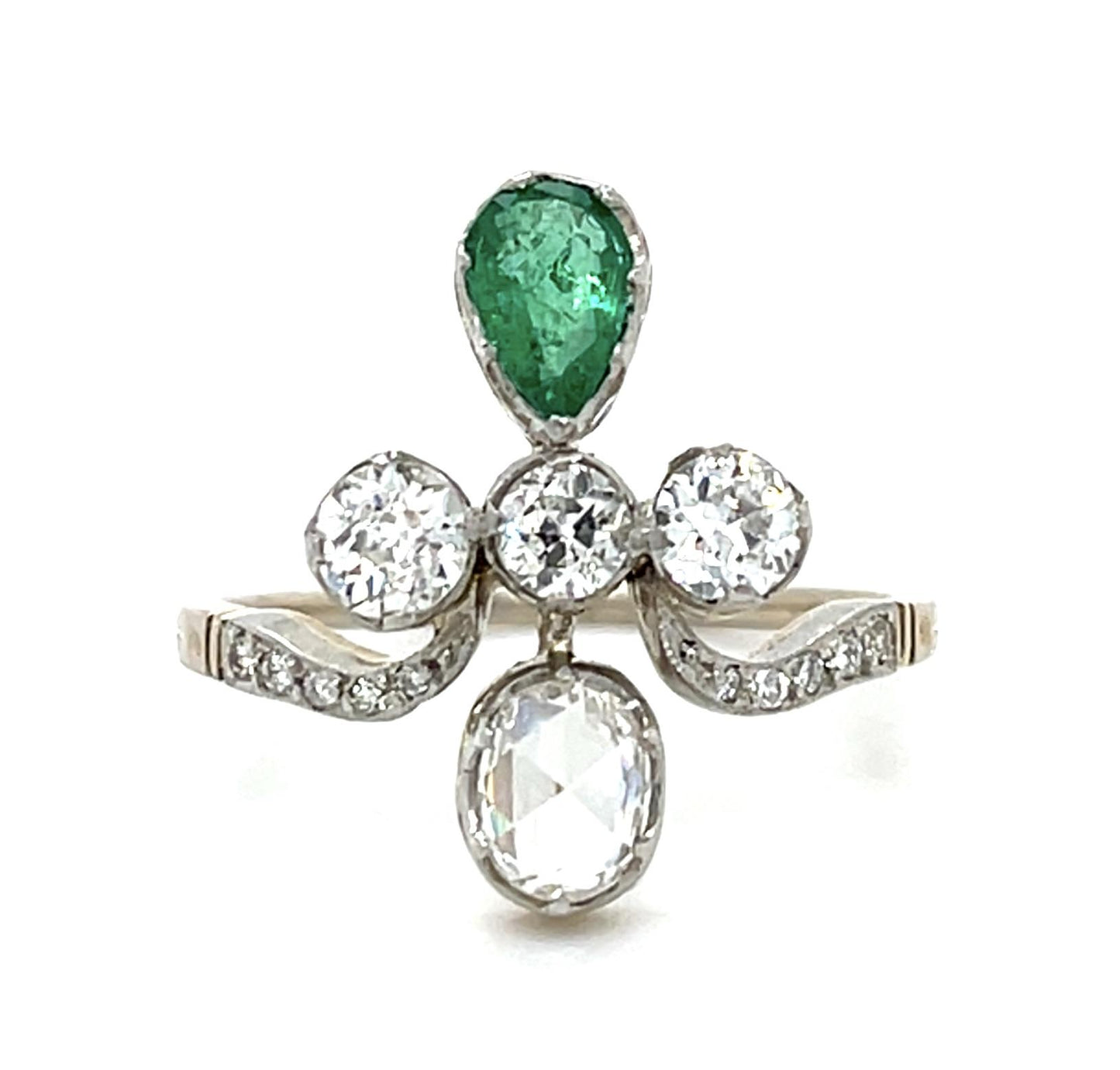 .36ct (H VS) Rose-cut Diamond .32ct Pear Emerald PT+14KY Ring