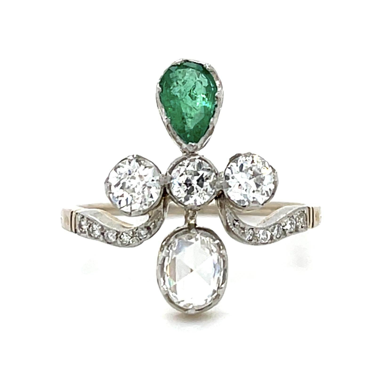 .36ct (H VS) Rose-cut Diamond .32ct Pear Emerald PT+14KY Ring