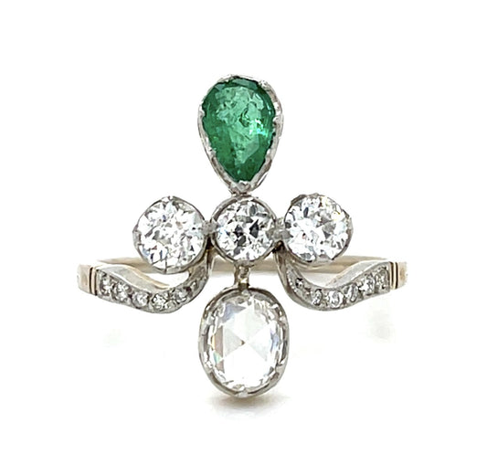 .36ct (H VS) Rose-cut Diamond .32ct Pear Emerald PT+14KY Ring