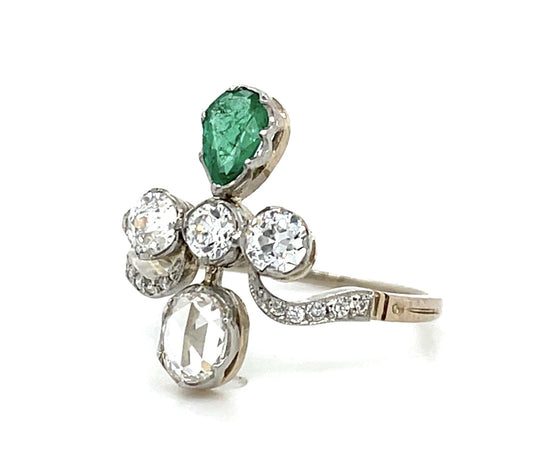 .36ct (H VS) Rose-cut Diamond .32ct Pear Emerald PT+14KY Ring