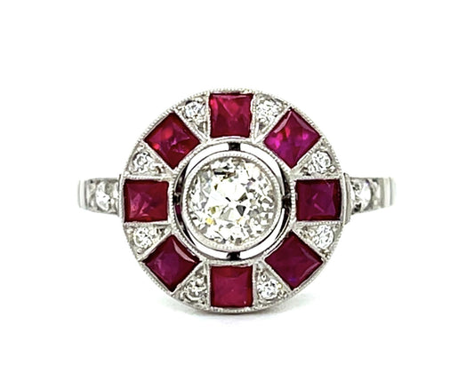 .59ct (I-J VS) Old Mine Diamond 2.05ct French-cut Ruby Platinum Handmade Ring