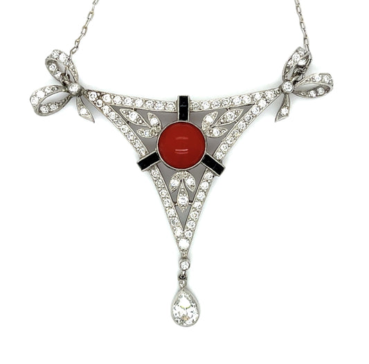 .50ct (H-I VS) Pear Diamond + Coral + Onyx PT Handmade Pendant