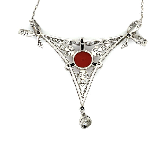 .50ct (H-I VS) Pear Diamond + Coral + Onyx PT Handmade Pendant