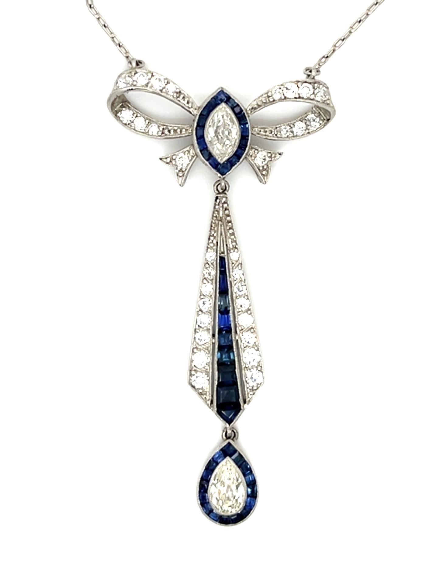 .92ct (Pear and Marquise Center Diamond) 2.80ct Sapphire PT Handmade Pendant