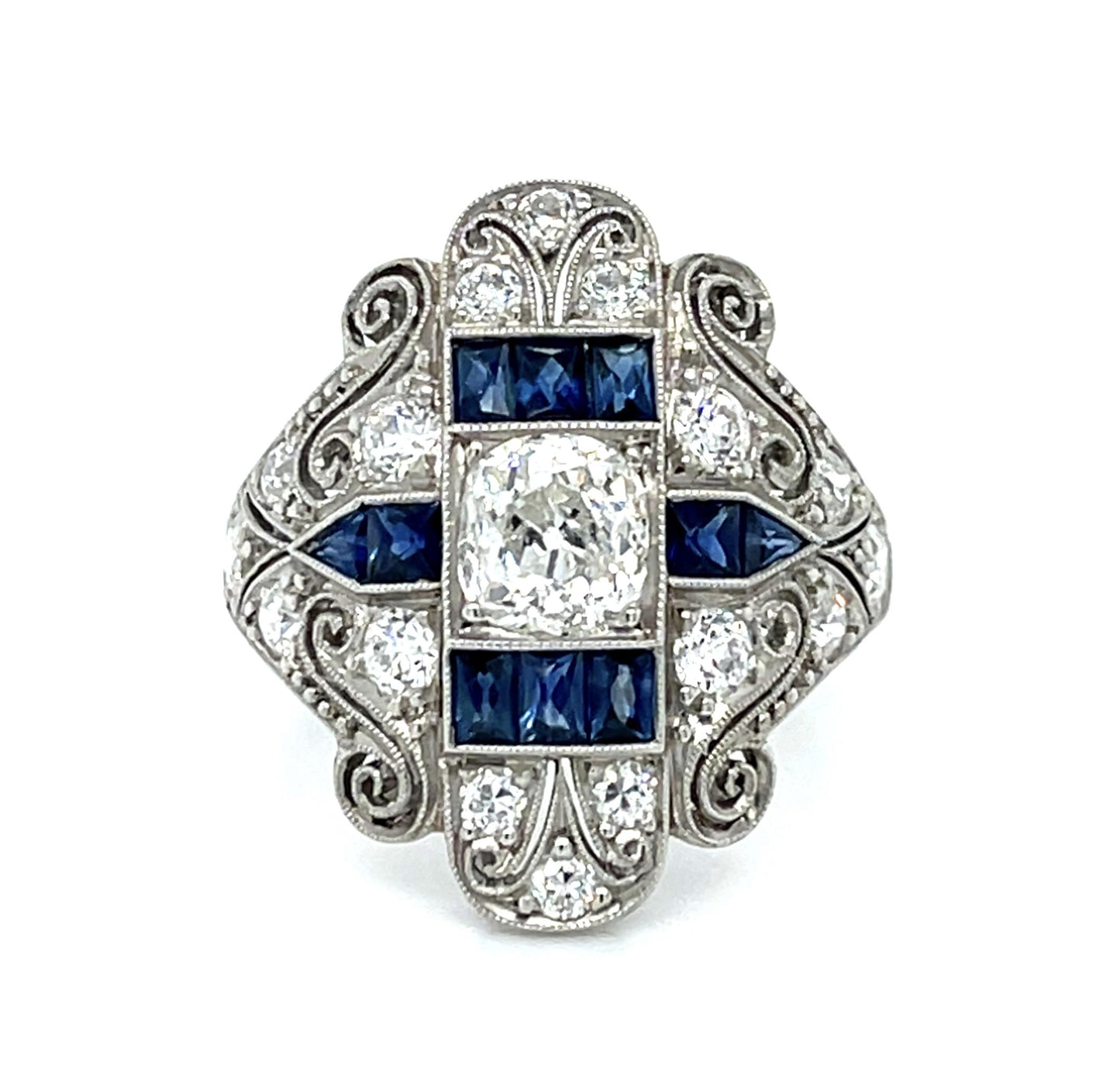 1.05ct (I SI3) Diamond Old Mine 1.10ctw Sapphire PT Ring Handmade