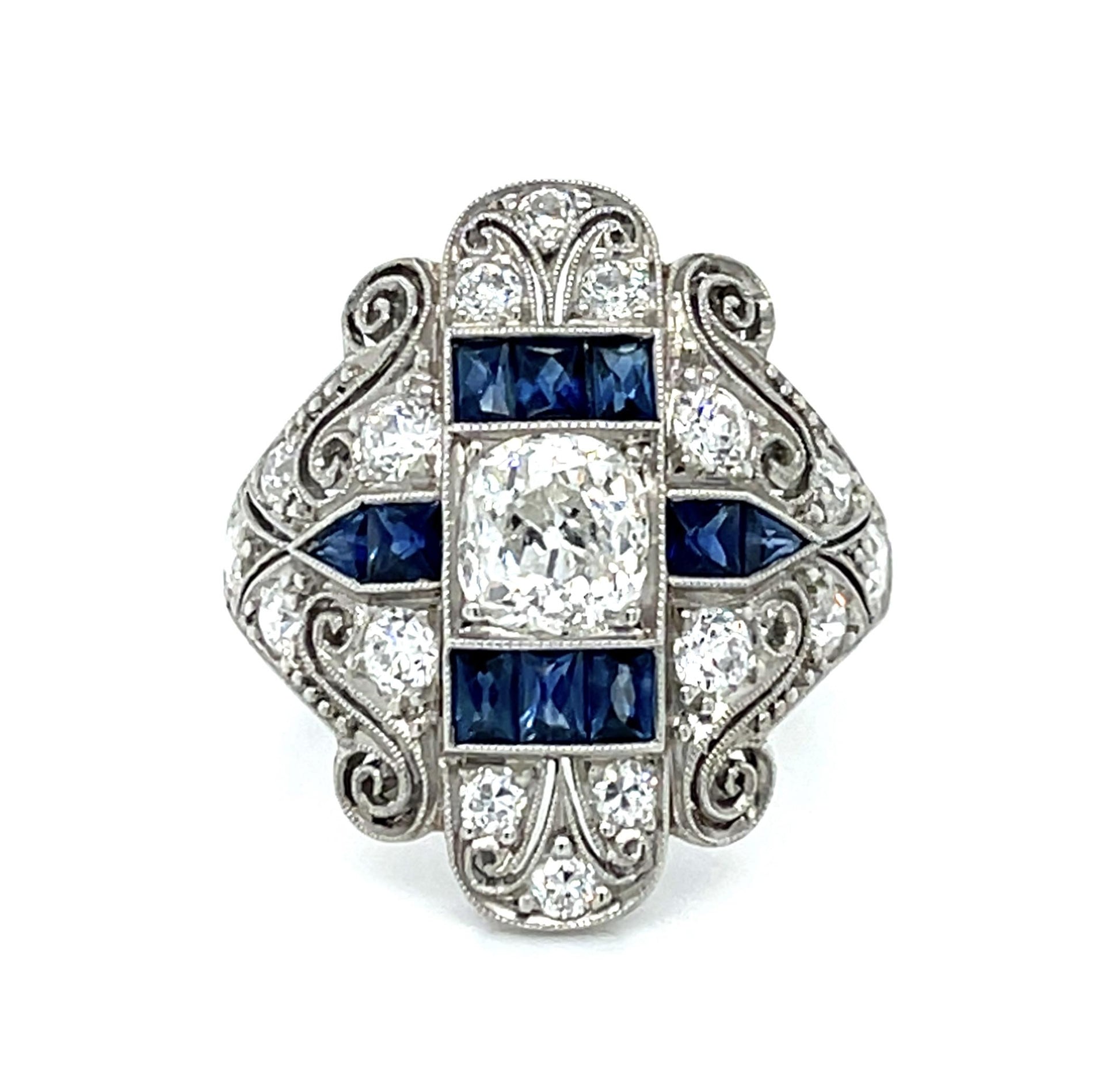 1.05ct (I SI3) Diamond Old Mine 1.10ctw Sapphire PT Ring Handmade