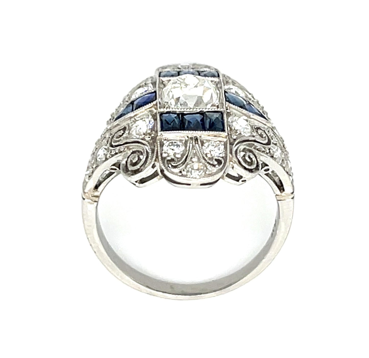 1.05ct (I SI3) Diamond Old Mine 1.10ctw Sapphire PT Ring Handmade