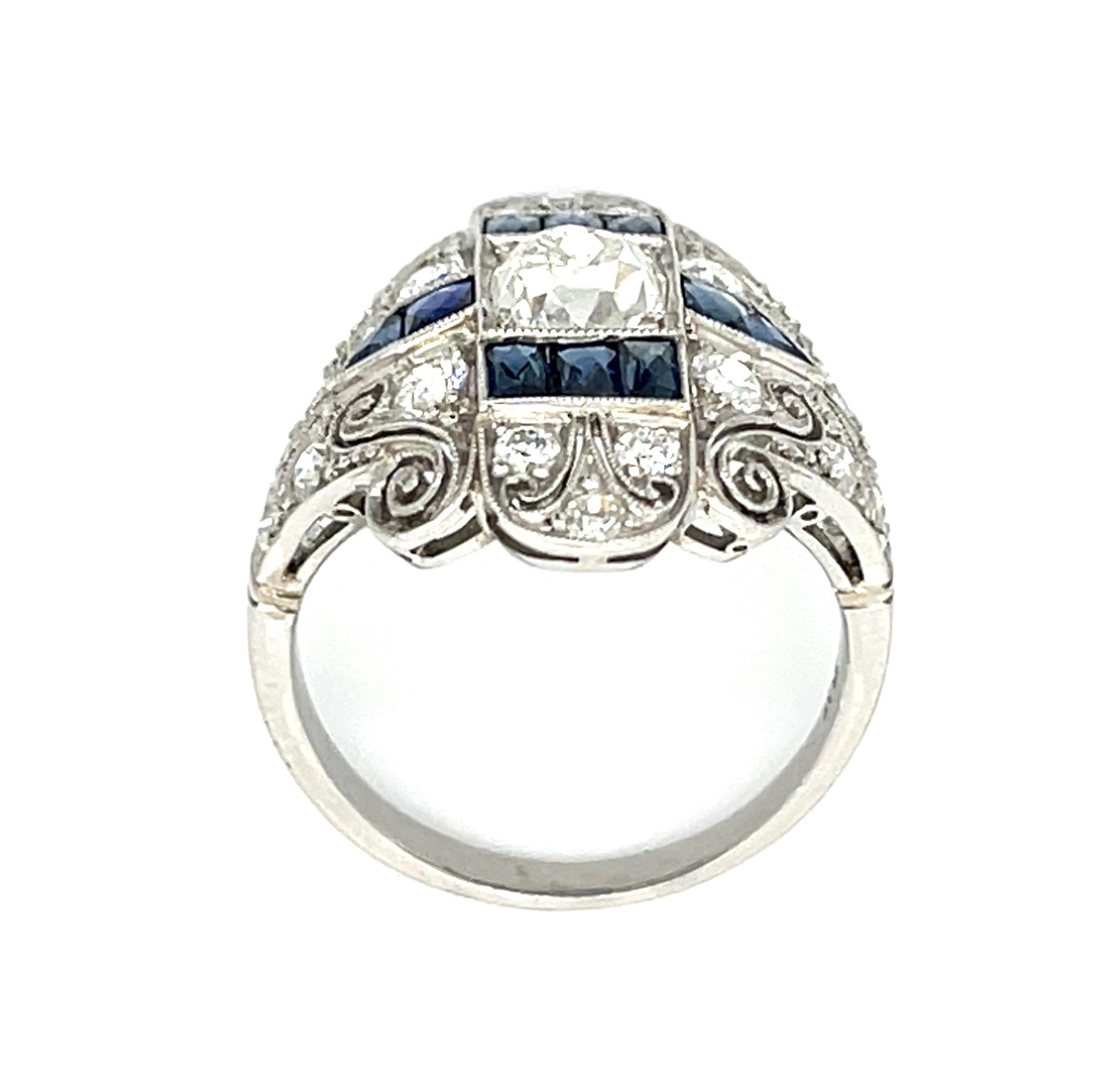 1.05ct (I SI3) Diamond Old Mine 1.10ctw Sapphire PT Ring Handmade