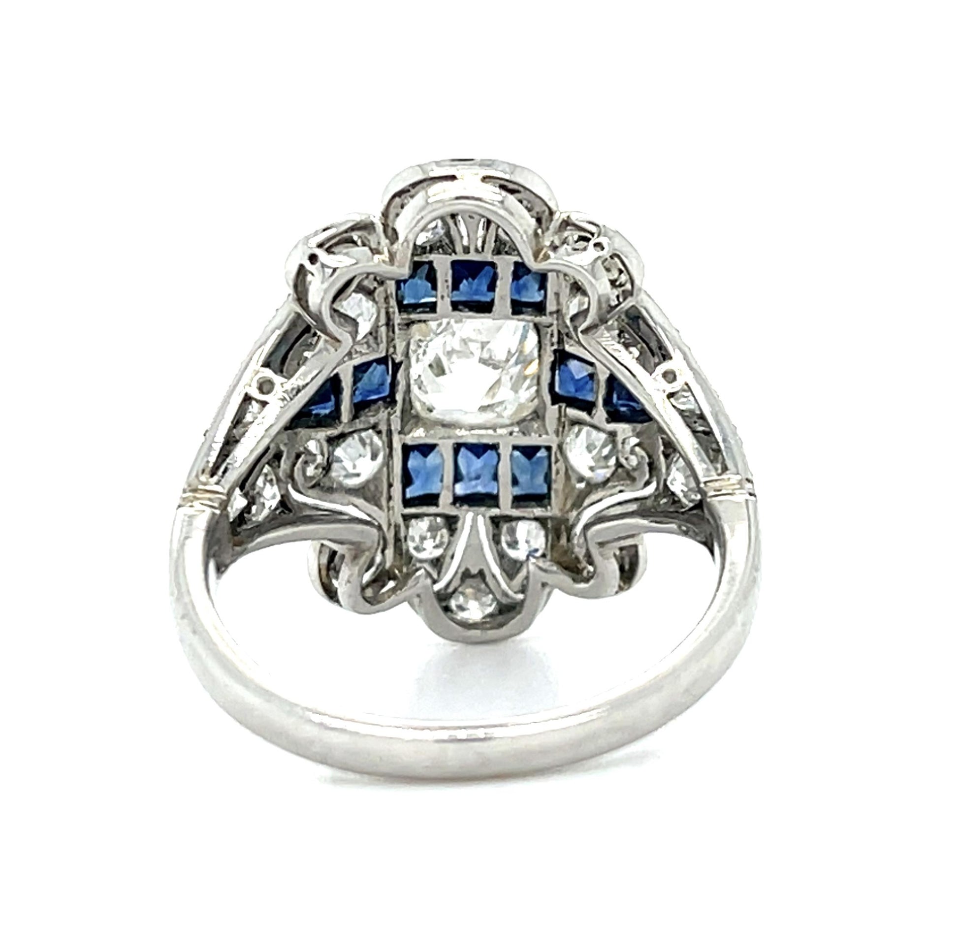 1.05ct (I SI3) Diamond Old Mine 1.10ctw Sapphire PT Ring Handmade