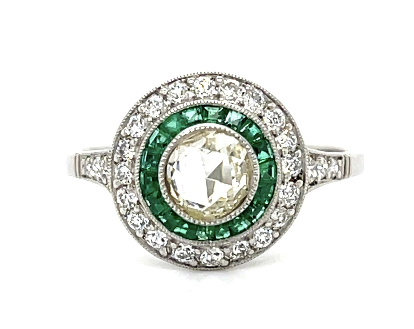 .44ct Rose-cut Diamond Platinum Handmade Ring .62ct Emerald