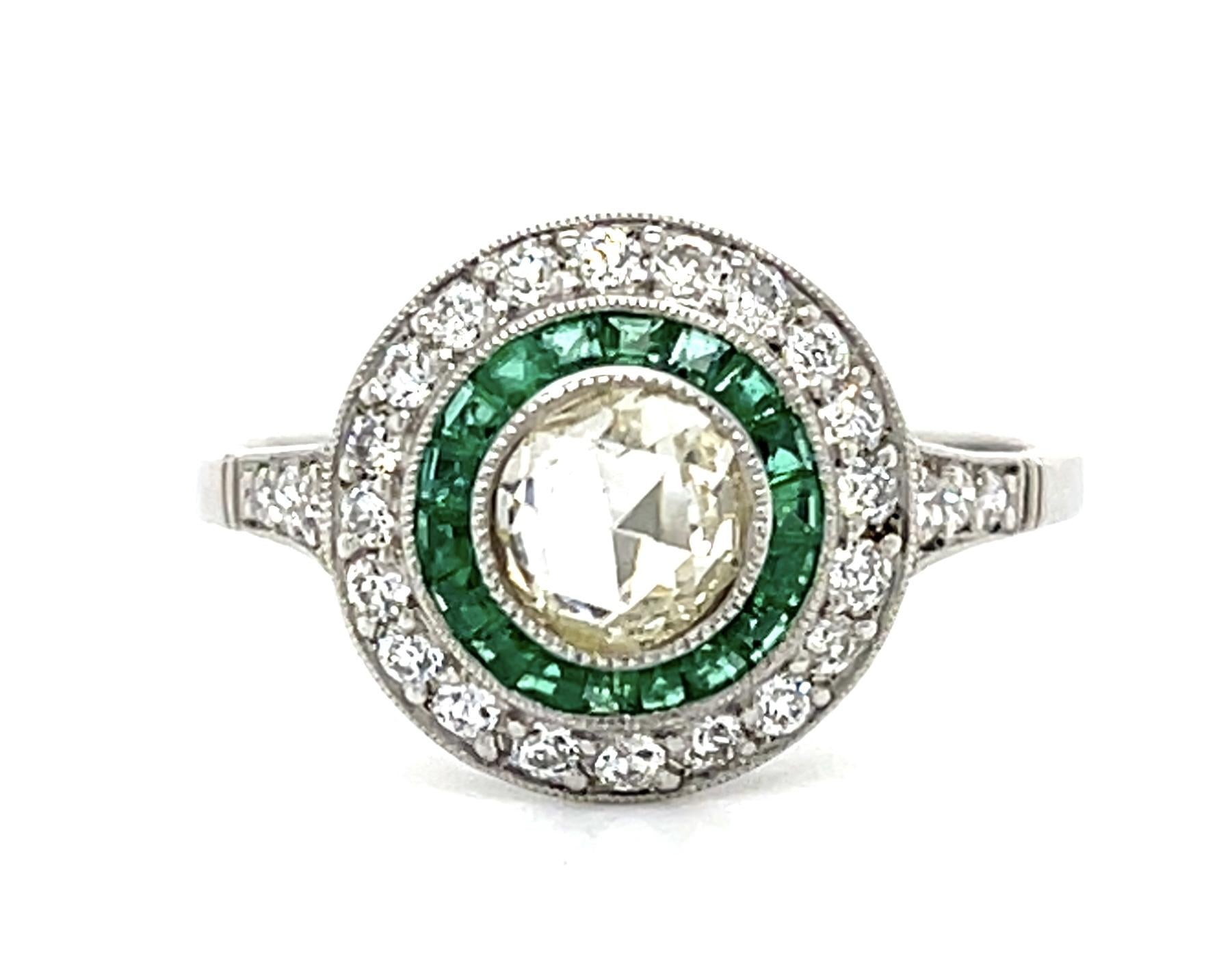 .44ct Rose-cut Diamond Platinum Handmade Ring .62ct Emerald