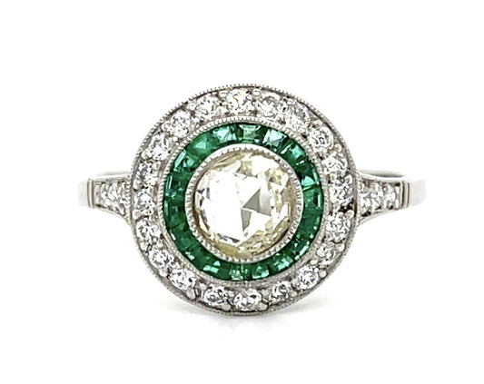 .44ct Rose-cut Diamond Platinum Handmade Ring .62ct Emerald
