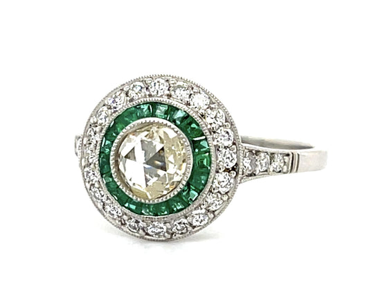 .44ct Rose-cut Diamond Platinum Handmade Ring .62ct Emerald