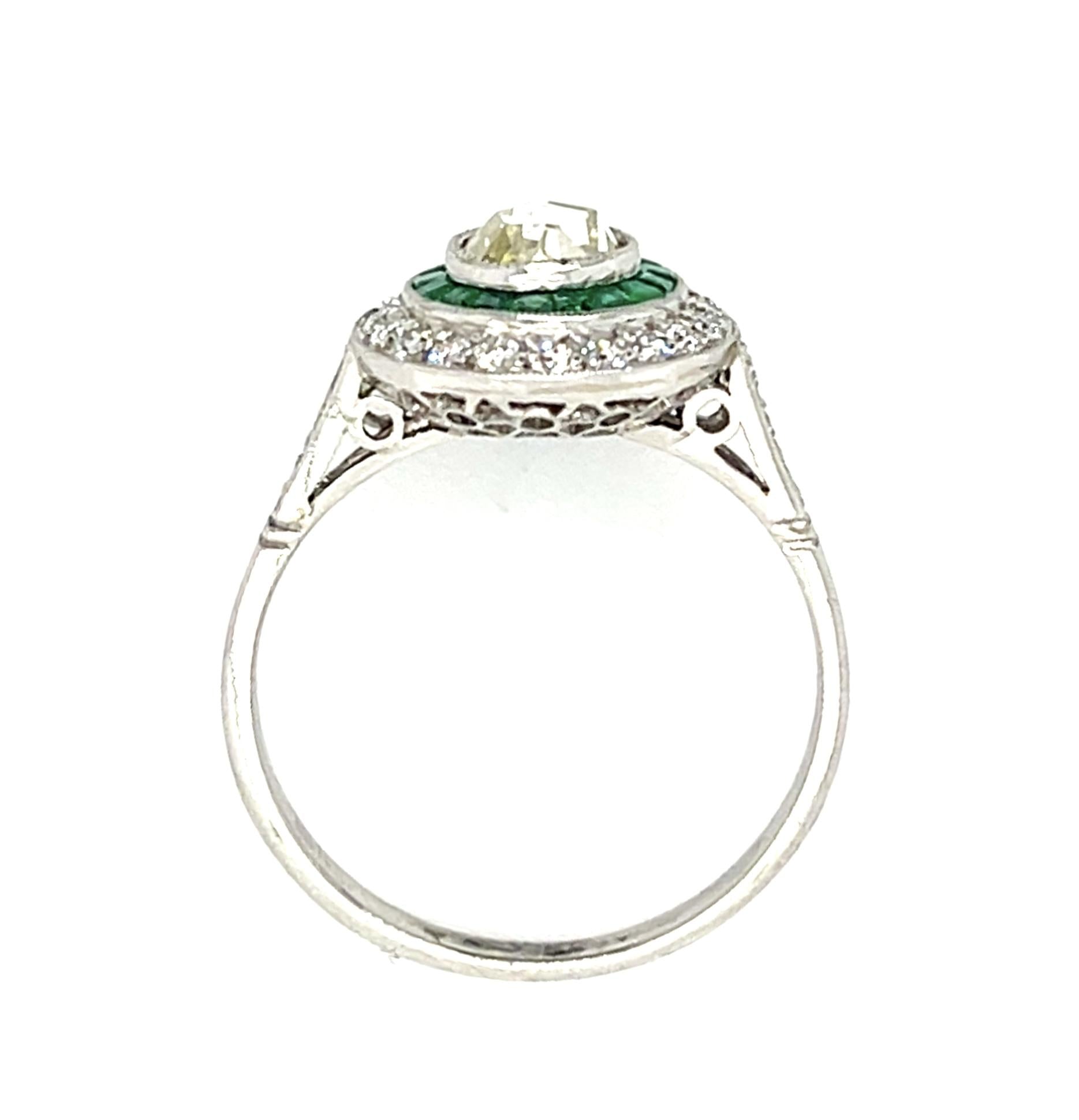 .44ct Rose-cut Diamond Platinum Handmade Ring .62ct Emerald