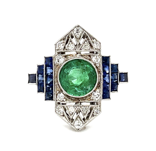 1.11ct Round Emerald Platinum Handmade Ring 1.96ct Sapphire